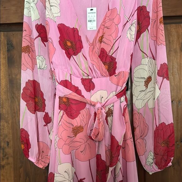 NWT Express Pink Floral Faux Wrap Tie Waist Midi Dress Size S - Picture 5 of 10